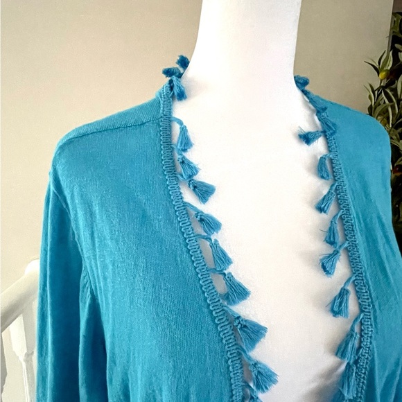 Chico's Turquoise Blue linen/cotton cardigan Top with fringe and lace trim - Picture 3 of 8